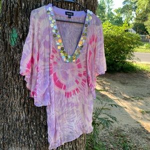 Bebe Tie-Dye Pink Purple Sequined Tunic